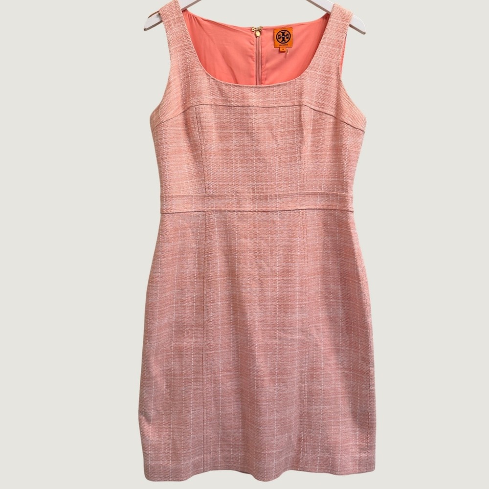 Tory Burch Tweed Sheath Dress Sleeveless Square Neck Size 10 Coral Pink